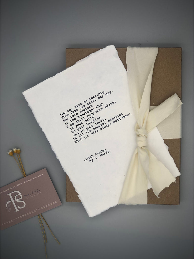 Sympathy poem typed onto handmade paper. Bereavement gift.